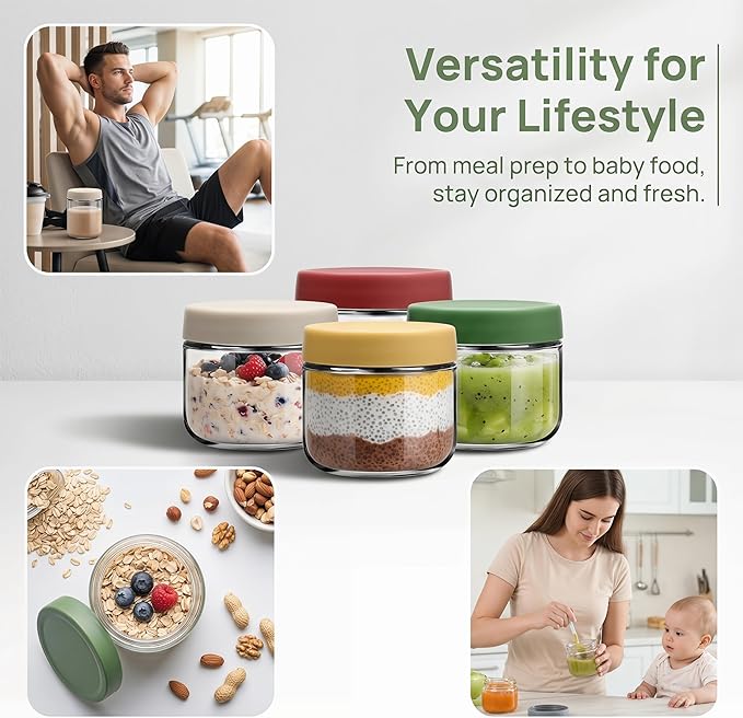 EONJOE 8oz Glass Jars with Lids 1 Cup Small Food Containers for Chia Pudding Jam Snacks Yogurt Overnight Oats Candy,6-Pack