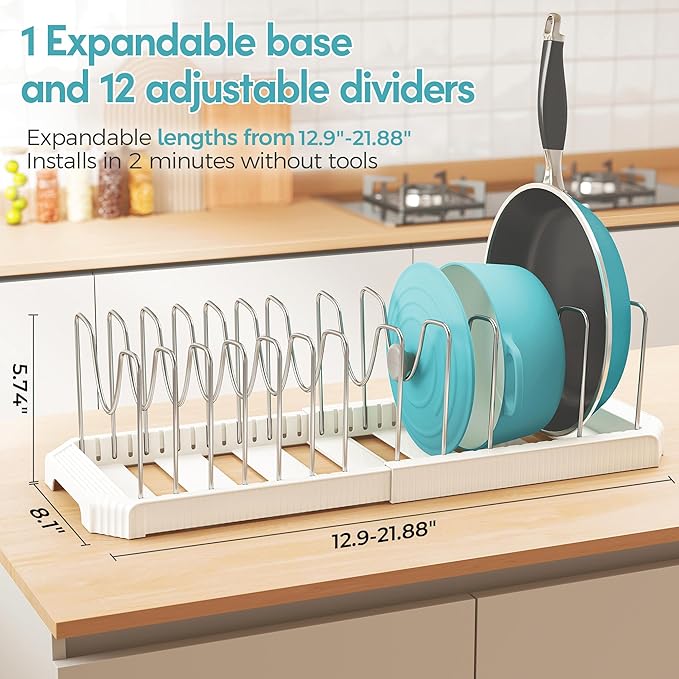 Pots and Pans Organizer for under Cabinet, Pan Pot Organizers inside Cabinet, Expandable Organizer with 12 Adjustable Dividers for Cookie Sheets, Cutting Boards, Pot Lids, Cookware - Frying Pan Rack