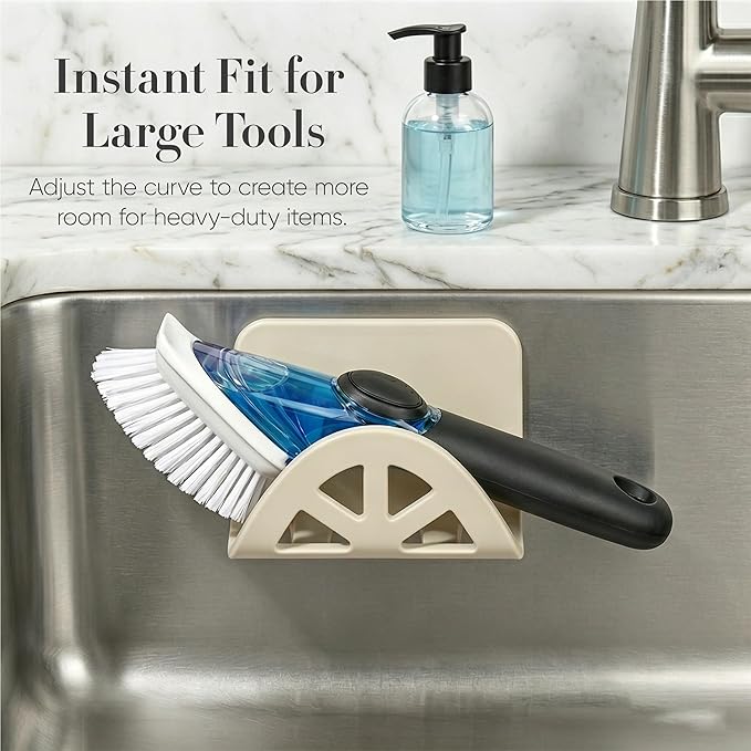 Flexible Sponge Holder for Kitchen Sink Adhesive - Bendable Silicone Sink Caddy 2 Pack, Metal Core Dish Scrubber Rack, Fold-Flat Organizer for Soap Brush Razor, Stone Wall Mount (Creamy White)