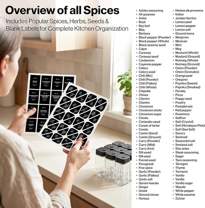 EDELHAUS Square Glass Spice Jars with Label and Black Rotating Lids (24 x 4oz) Spice Containers with 240 Labels, Shaker Inserts, Silicone Funnel, Empty Square Empty Square Seasoning Organizer
