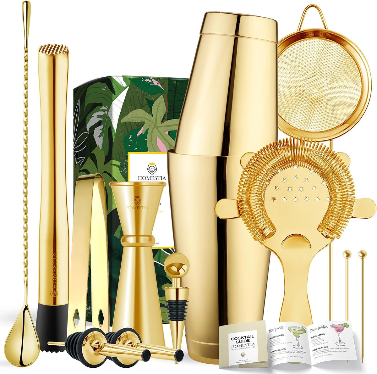 12 Pieces Boston Cocktail Shaker Set, Mixology Bartender Kit, Gold