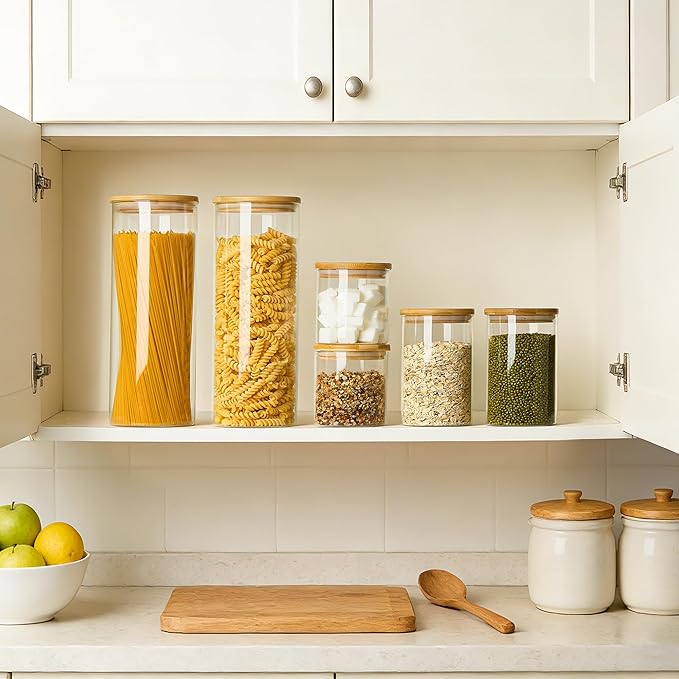 Vtopmart Glass Food Storage Jars, 3 Pack Kitchen Containers with Airtight Bamboo Wooden Lids for Pasta, Cookies, Nuts, Coffee Beans, Cereal, Canisters Set for Flour, Pantry Organization, BPA Free