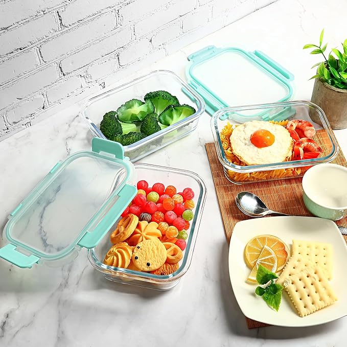 Glass Food Storage Containers 10 Pack - 22Oz Meal Prep Container Set with Lid, Airtight Snap Lock, Microwave Freezer Oven Dishwasher Safe, Lunch Box for Work, Mint