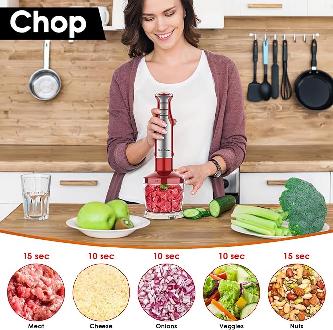 Blackcow Immersion Blender Handheld, Corded Hand Blenders Set 800W, 6 Speed Stick Blender 5 in 1 Stick Emulsifier with Chopper, Whisk and Frother for Soup, Baby Food and Smoothies, Red