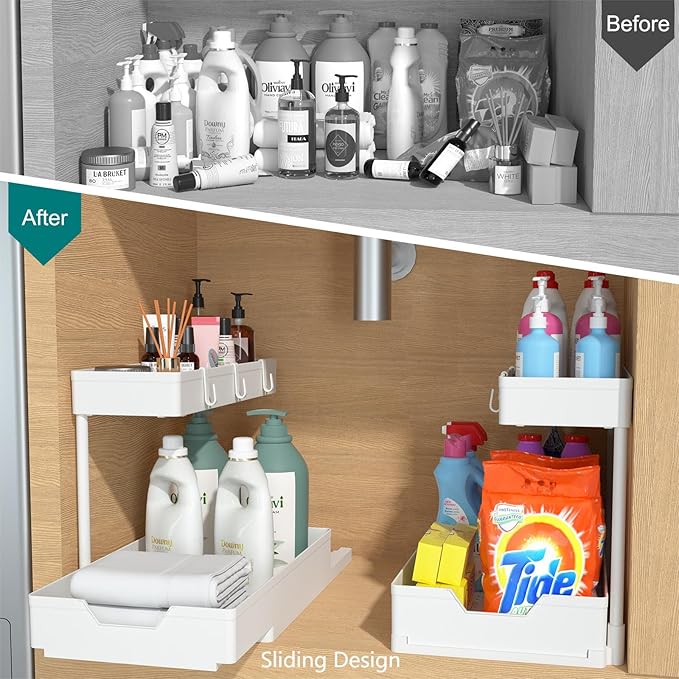NATURE'S SOURCE Under Sink Organizers, Sliding L-shape Cabinet Organizers Narrow Space Storage Multi-purpose Sink Organizer Baskets with 4 Hook for Bathroom Kitchen Drawer (White, 1 pack)