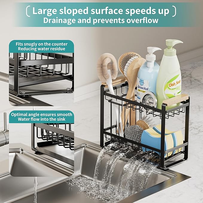 Sink Caddy Organizer with Wooden Handle, 2-Tier Rustproof Metal Sink Organizer Non-Slip Suction Cups, Multi-Functional Storage for Sponge, Soap Dispenser, Kitchen and Bathroom Countertop Accessories