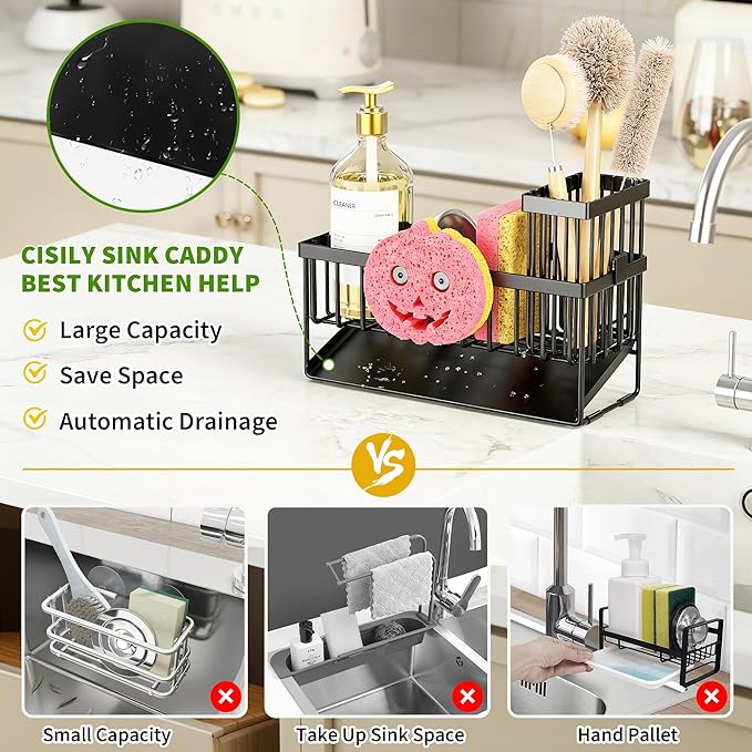 Sponge Holder for Kitchen Sink, Smiley Face Sink Caddy with Removable Brush Holder,Self-Draining Sponge Caddy for Sponge,Soap,Dish Brush,Scrubber,Kitchen Essentials and Gadgets
