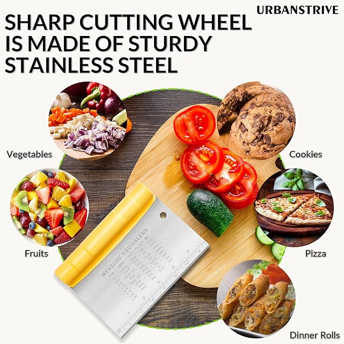 Urbanstrive Bench Scraper for Baking, Stainless Steel Dough Cutter and Scraper Tool Kitchen, Kitchen Scraper Food Scraper Tool Pizza Cutter Food Chopper, Multi-Purpose Kitchen Gadgets, Yellow