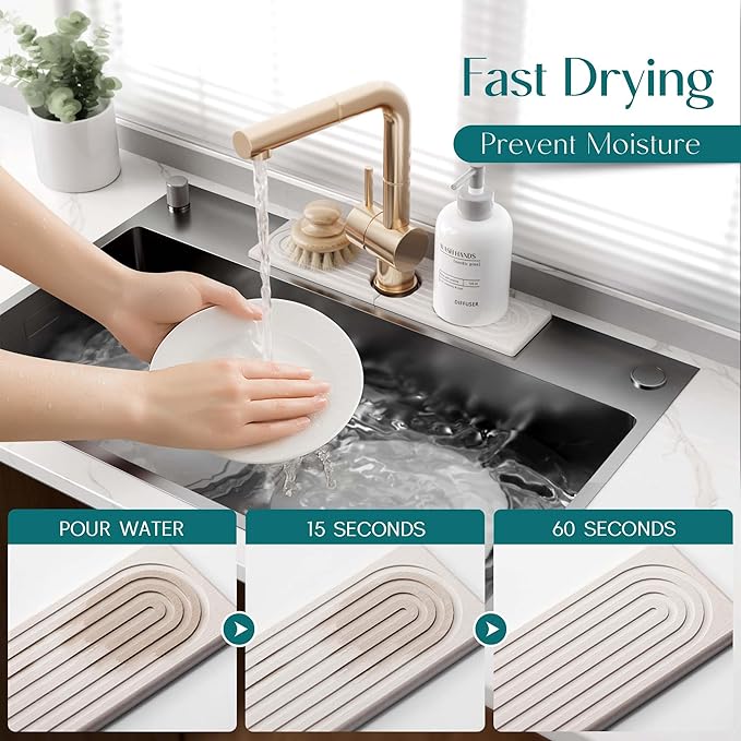 Eormoe Kitchen Sink Faucet Mat - 15.7in Diatomite Sink Protectors for Kitchen Sink, Stone Sink Splash Guard for Kitchen Counter Sink Accessories (Light Grey, 15.7'' x 3.9'')