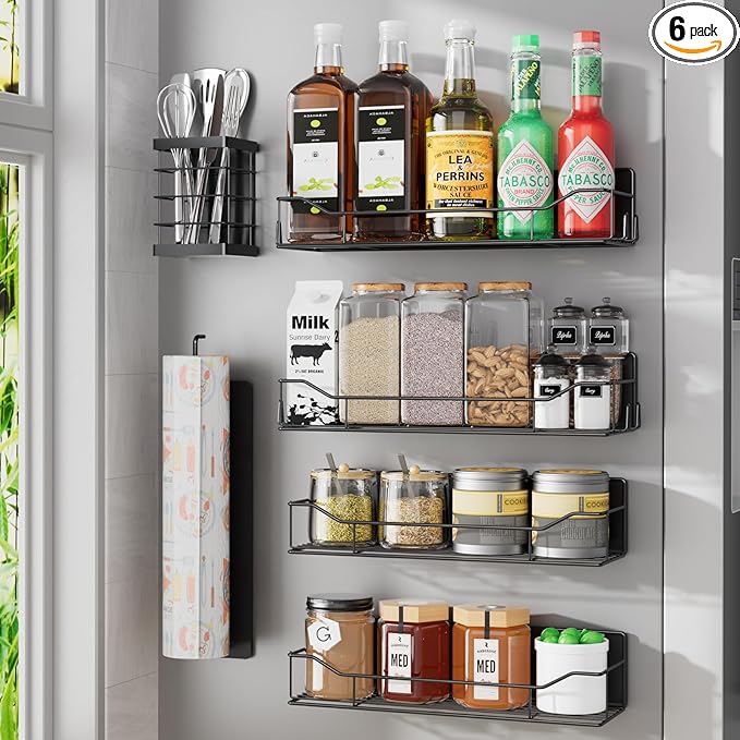 Magnetic Spice Rack for Refrigerator, 6 Pack Strong Magnet Spice Organizer with Paper Towel Holder, Utensil Holder, Moveable Magnetic Fridge Shelf for Kitchen Organization and Storage (Black)
