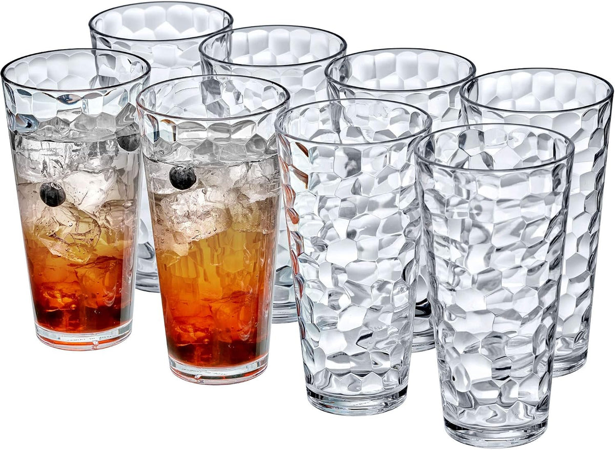 Iceberg - 24-Ounce Plastic Tumblers (Set of 8), Plastic Drinking Glasses, All-Clear High-Balls, Reusable Cups, Stackable, BPA-Free, Shatter-Proof, Dishwasher-Safe