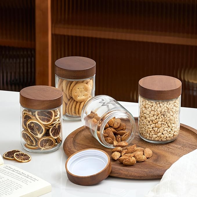 Danmu 16 oz Overnight Oats Containers with Lids,Salad Jar,Glass Jar with Wooden Lid 4 Pack,Mason Jars 16 oz with Lids for Snack,Overnight Oats,Meal Prep,Yogurt,Parfait,Soup,Salad 100% Leak-proof