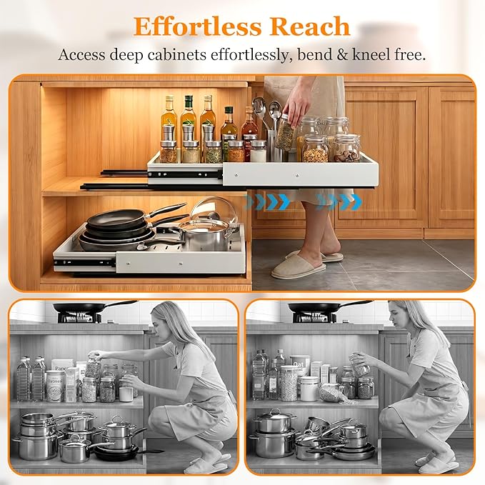 Pull Out Cabinet Organizer for Kitchen,Full Expandable Width 12"-19" Depth 16"-22" Cabinet Drawers Slide Out No Drill Adhesive,Cabinet Pull Out Shelves for Kitchen Pots Pans Spices 2Pack