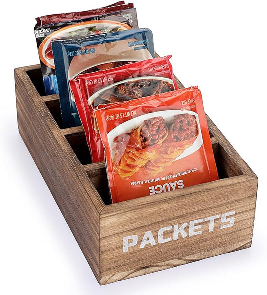 BSTKEY Seasoning Packet Organizer, Food Packet Storage Organizer with 4 Compartments, Wooden Storage Caddy for Kitchen Pantry Cabinet