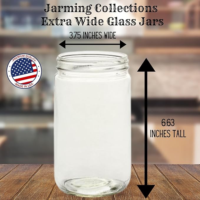Jarming Collections Mason Jars - 32 Oz Extra Wide Mouth Glass Jars with Lids - Quart Containers - Made in USA (2 White Dome Plastic Lids)