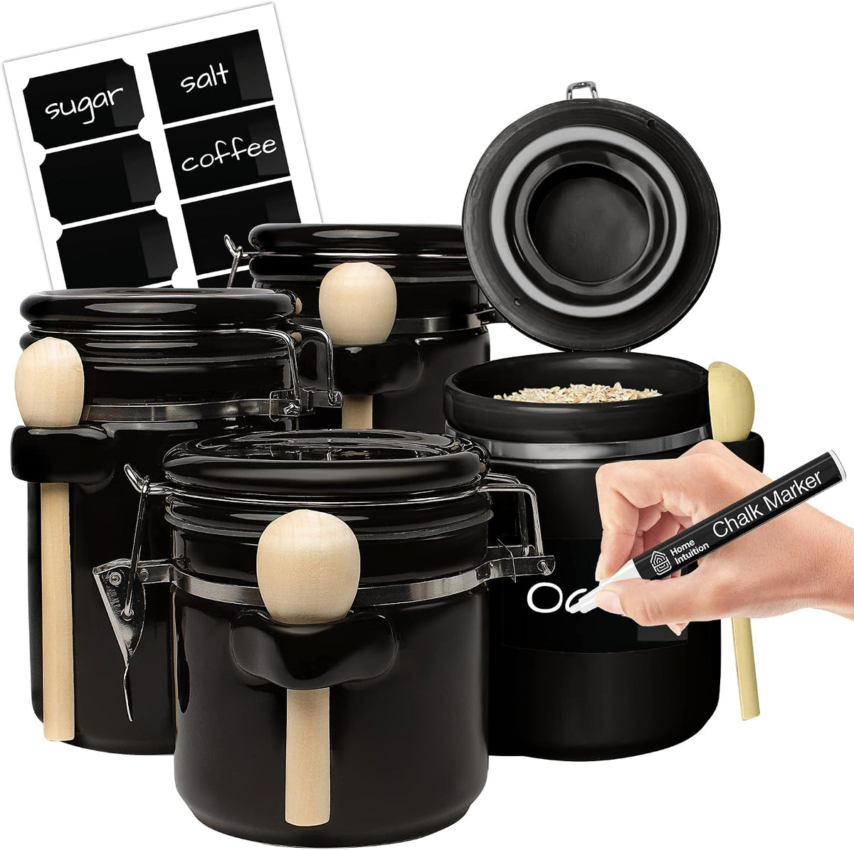4-Piece Ceramic Kitchen Canisters Set, Airtight Containers with Wooden Spoons Reusable Chalk Labels and Marker for Sugar, Coffee, Flour, Tea (Black)