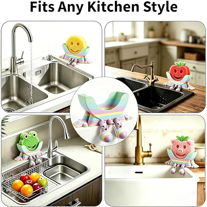 Creative Hanging Sponge Holder with Drainage/Traceless Glue, 3D Printing Countertop Funny Sponge Holders for Kitchen Sink, Keeps Your Sponge Dry & Smiling, for Scrub Daddy Holder (1, Gradient Random)