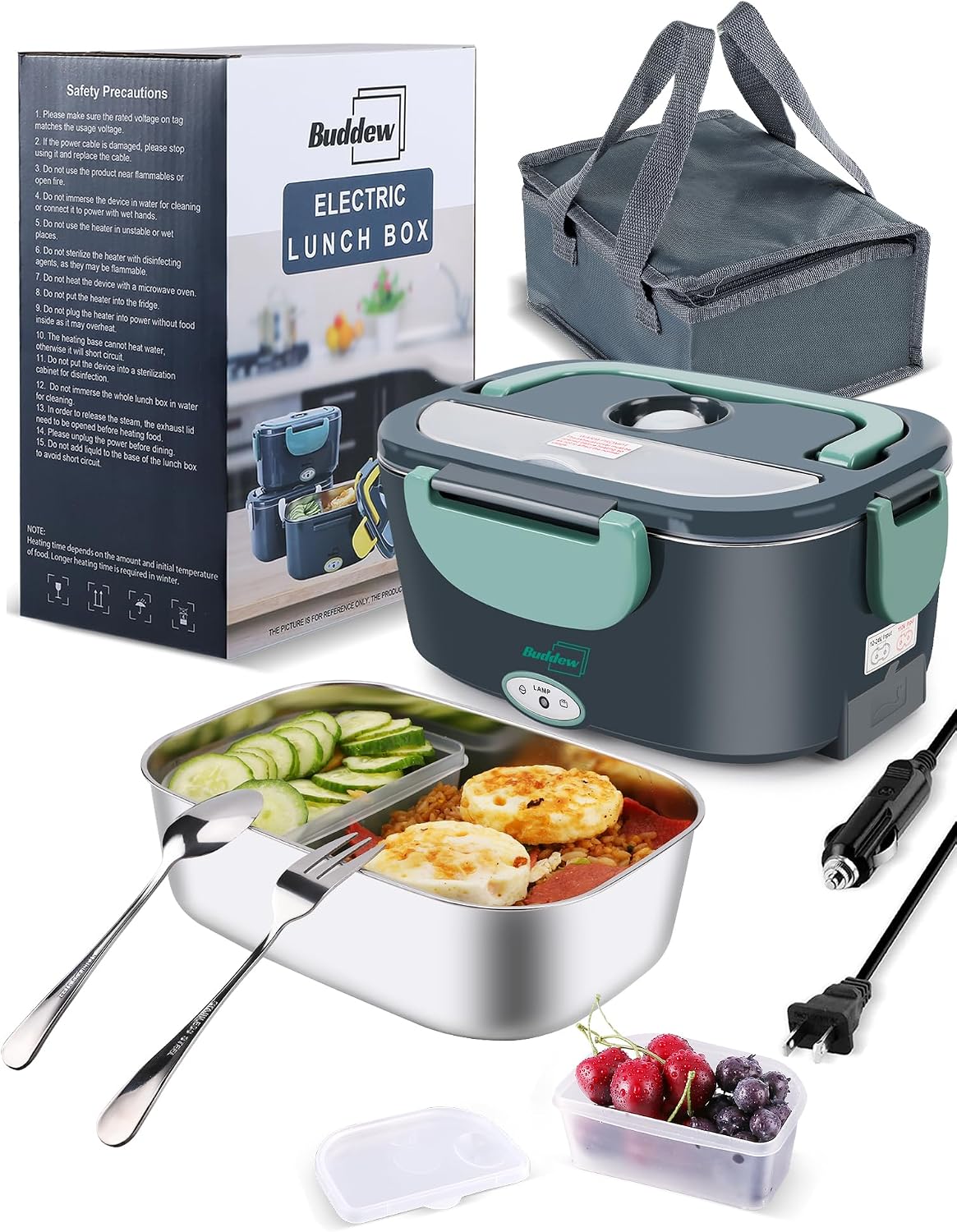 Electric Heated Lunch Box, 100W Fast Heating, 1.5L Food-Grade 304 Stainless Steel, 12V/24V/110V Portable Food Warmer for Car Truck Office Adults, Lonchera Electrica Portatil (Green)