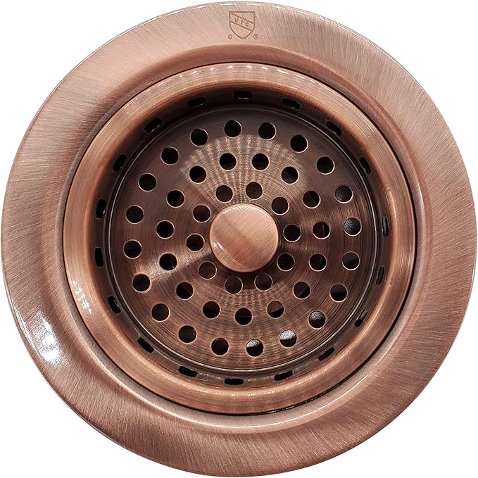 Westbrass A2165-11 4-1/4" OD Post Style Large Kitchen Basket Strainer with Waste Disposal Flange and Stopper Drain Set, Antique Copper
