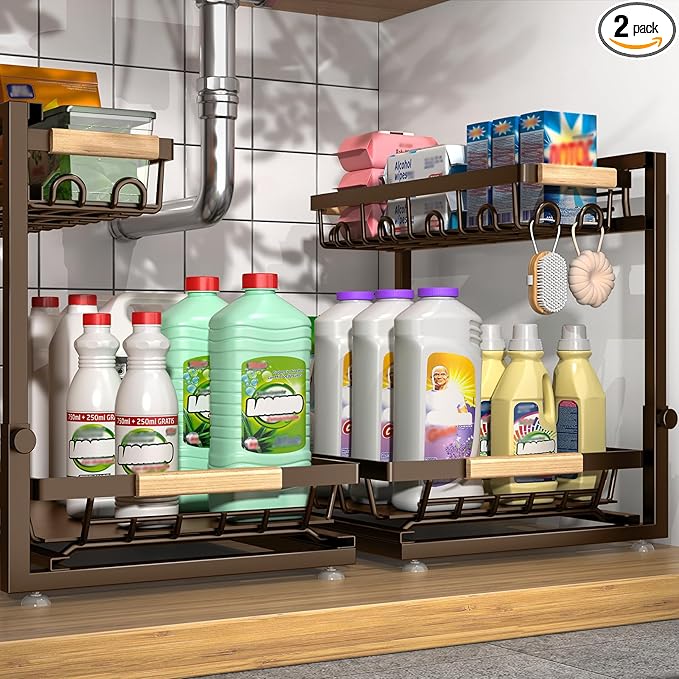 Sevenblue 2 Packs Under Sink Organizer, Height Adjustable 2 Tier Under Kitchen Sink Organizer, Multi-Purpose Storage Shelf for Kitchen Bathroom Cabinet