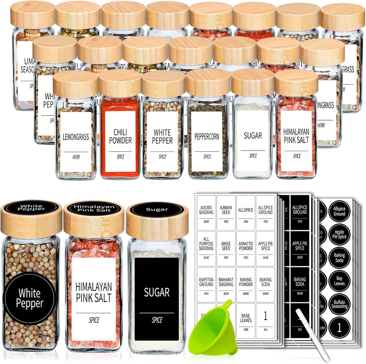 48-Pack Empty Glass Spice Jars with Labels, 4 oz, Bamboo Lids