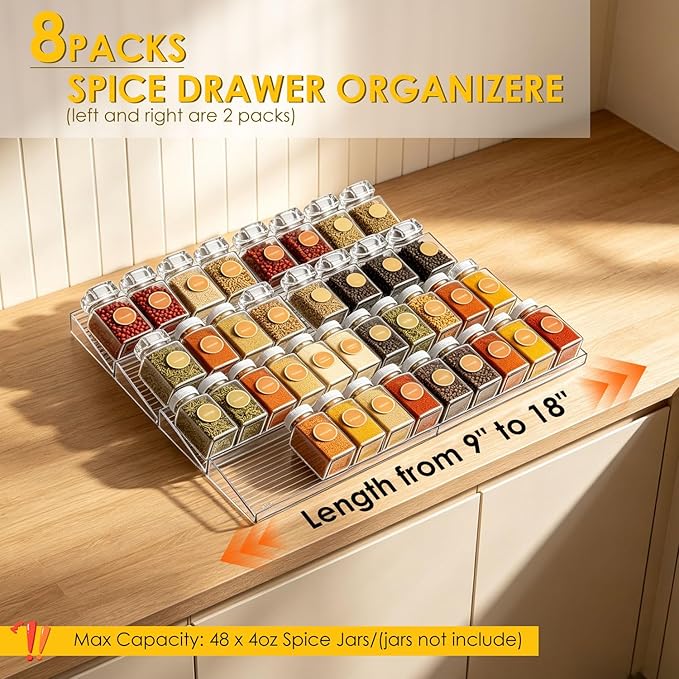 8 Pack Spice Drawer Organizer, Acrylic Spice Rack Expandable From 9" to 18", Clear Seasoning Organizer Tray for Kitchen Holds up to 48 Jars (Jars Not Included)