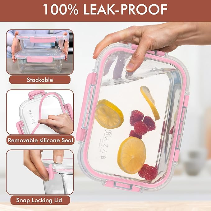 Razab 2 Pcs 1860ml / 63 Oz Large Glass Food Storage Containers with Lids - Glass Meal Prep Containers with Locking Lids for Roasting, Storing Leftover, Lunch Container, BPA Free, Microwave & Oven Safe