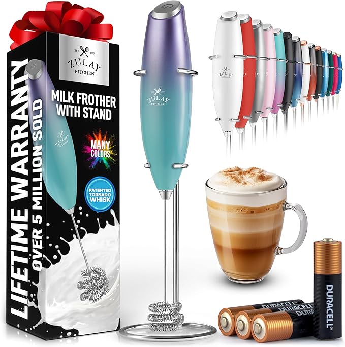 Zulay Kitchen Powerful Milk Frother Wand With Duracell Batteries - Ultra Fast Handheld Drink Mixer - Electric Whisk Foam Maker for Coffee, Lattes, Cappuccino & Matcha - Triple Whisk - Lunar Aurora