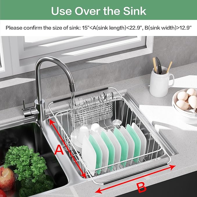 Fanbsy Large Dish Drainer Rack in Sink Adjustable, Expandable 304 Stainless Steel Metal Dish Drying Rack Organizer with Stainless Steel Utensil Holder Over Inside Sink Counter, Rustproof
