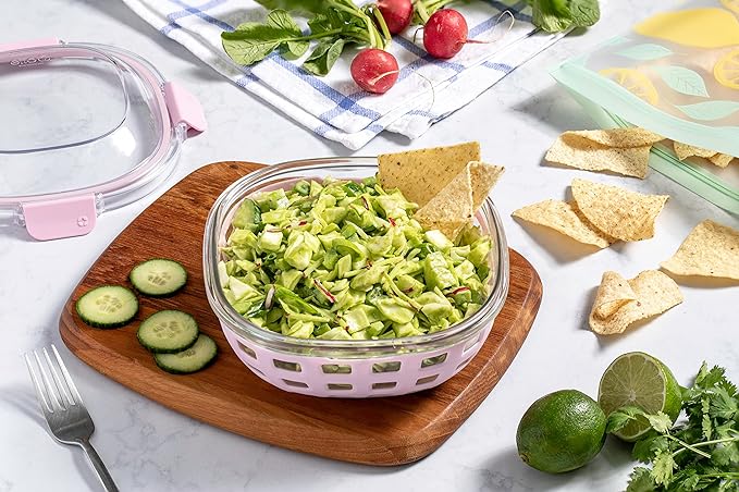 Ello DuraGlass Food Storage Glass Lunch Bowl Container - Meal Prep Container with Silicone Sleeve and Airtight Lid, 5 Cup, Cashmere Pink