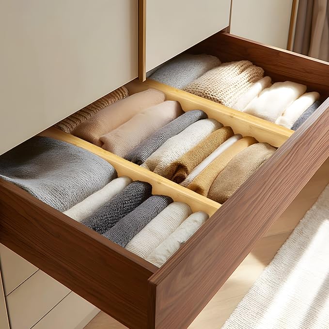 VaeFae 6 Pack Bamboo Drawer Dividers, 4" High Adjustable 16.6" - 21.8" Clothes Drawer Organizers, Expandable Separators for Bedroom/Bathroom/Kitchen/Office Storage