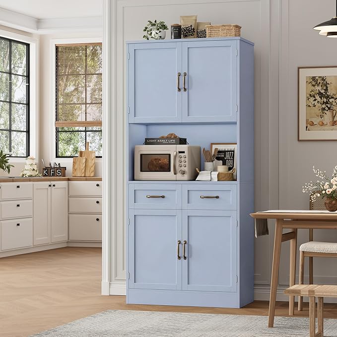 HOSTACK 71" Tall Kitchen Pantry Storage Cabinet, Modern Kitchen Hutch Bar Cabinet with Microwave Stand, Wood Buffet Sideboard with Hutch, Cupboard with Drawers, Shelves for Dining Room, Light Blue