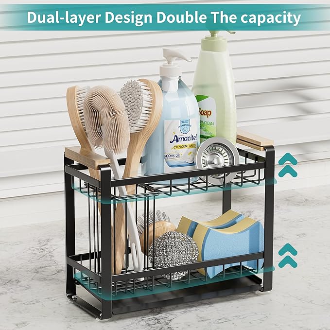 Sink Caddy Organizer with Wooden Handle, 2-Tier Rustproof Metal Sink Organizer Non-Slip Suction Cups, Multi-Functional Storage for Sponge, Soap Dispenser, Kitchen and Bathroom Countertop Accessories
