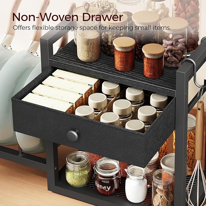 MAHANCRIS Countertop Shelf Organizer, Pots and Pans Organizer Rack, Pot Lid Holder with 1 Drawer, Pot Lid Organizer Holder with 2 Hooks, for Kitchen, Dining Room, Black POBK2201