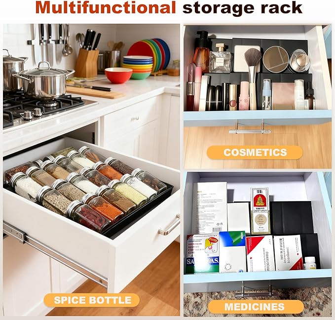 Spice Drawer Organizer, 4 Tier Spice Rack for Drawer Expandable From 11.8" to 23.6", Black Seasoning Organizer for Drawer Spice Organizer(Jars Not Included)