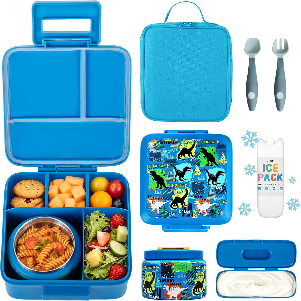 Bento Lunch Box for Kids With 8oz Soup thermo,Leak-proof Lunch Containers with 5 Compartment,thermo Food Jar and Lunch Bag, Food Containers for School (A-Blue(Dinosaur))