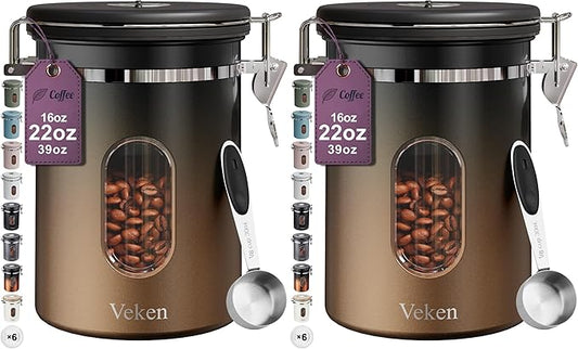 Veken Coffee Canister with Window,Airtight Stainless Steel Kitchen Food Storage Container, Date Tracker & Scoop for Grounds Coffee, Beans, Tea,Flour,Cereal,Sugar,22OZ,Copper (Pack of 2)