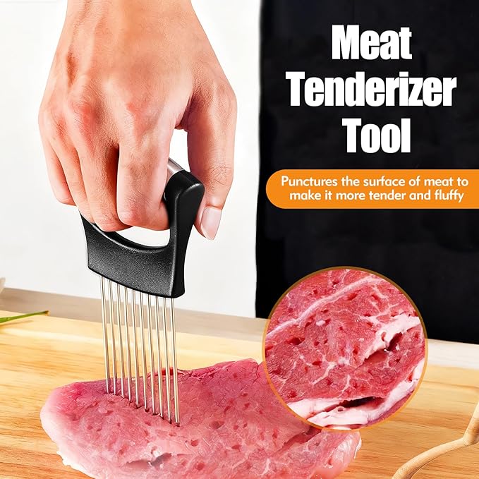 Onion Holder for Slicing, Stainless Steel Onion Slicer, Onions Slicer Holder with Protective Cover, Multi-Use Vegetable Chopper for Onions Tomatoes Avocados Potato Eggs Kiwifruit Meat Lemon