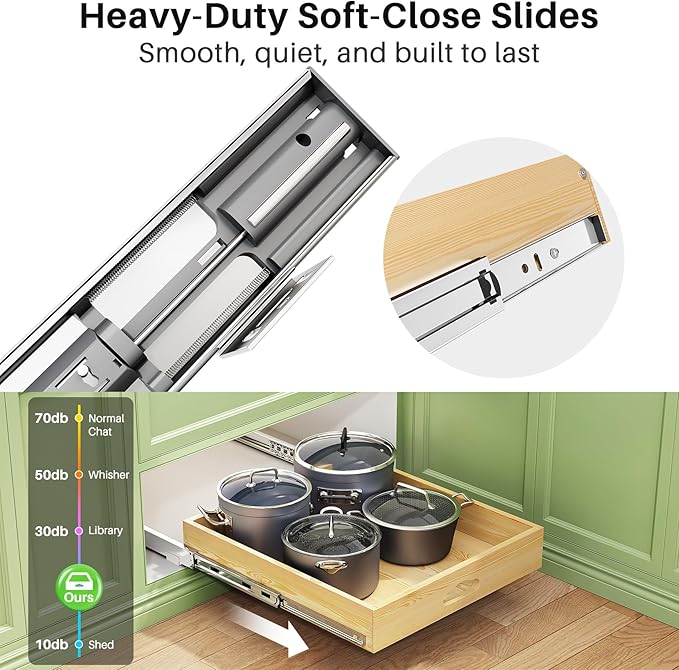 Pull Out Cabinet Organizer, Soft Close Wooden Slide Out Drawers for Pots and Pans, Full-extension Roll Out Shelves for Kitchen Cabinets, Pantry Organization, Bottom & Side Mount(12"W X 21"D x 3.4''H)