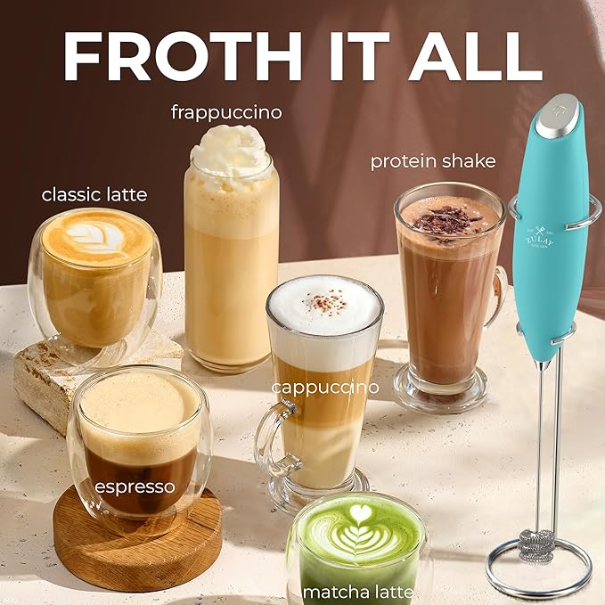 Zulay Kitchen Powerful Milk Frother Wand With Duracell Batteries - Ultra Fast Handheld Drink Mixer - Electric Whisk Foam Maker for Coffee, Lattes, Cappuccino & Matcha - Triple Whisk - Queen Turquoise