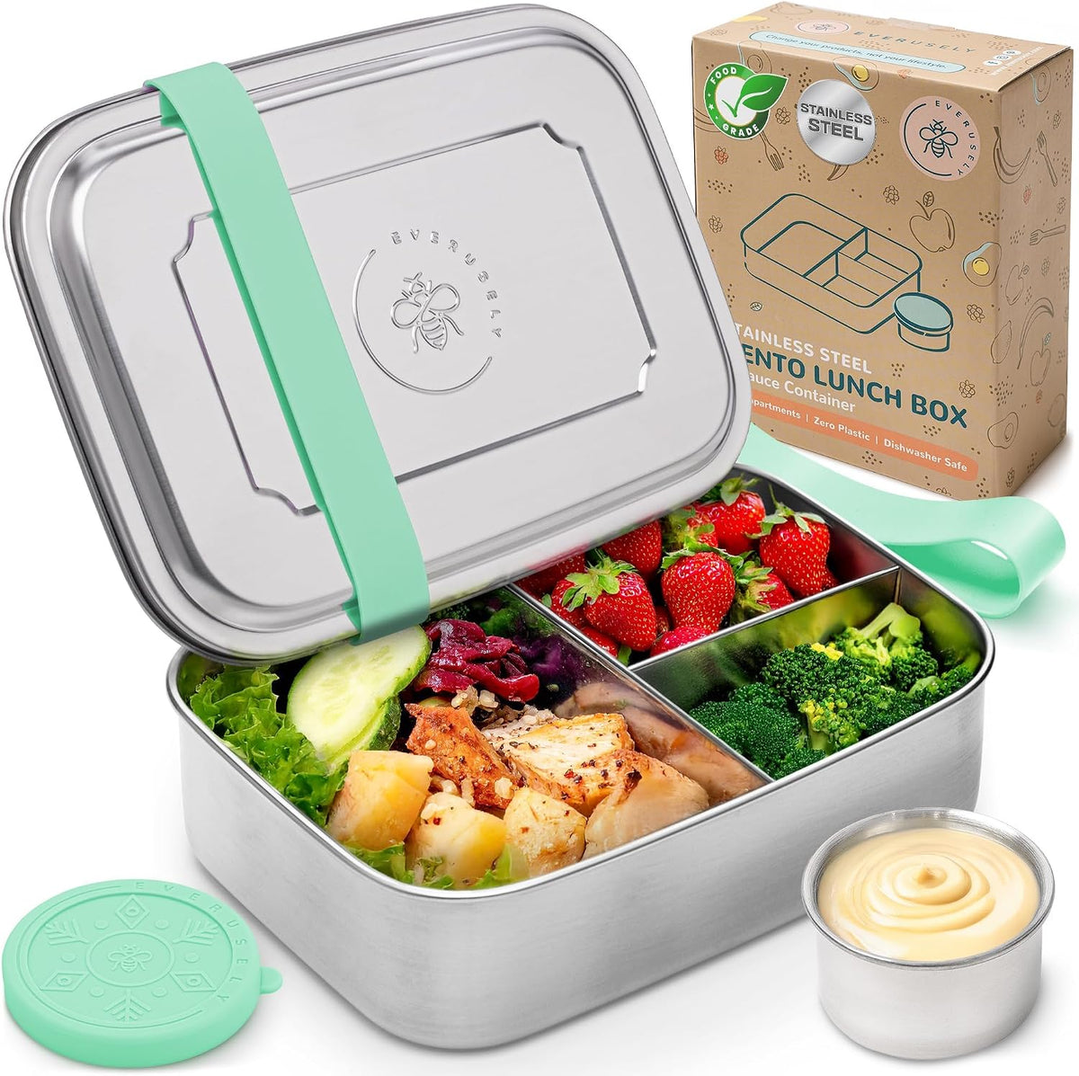 Stainless Steel Bento Box + Condiment Container - Green, 60oz / 1.8 L