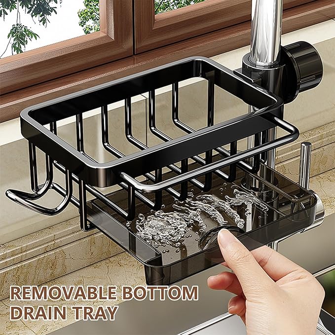 Kitchen Sink Faucet Organizer, Sponge Holder Over Faucet Kitchen Sink Caddy Organizer, Multifunction Organizer Rack for Bathroom, Scrubbers, Soap, Work With 0.7-1.1inch Round Water Pipe (Black, Left)