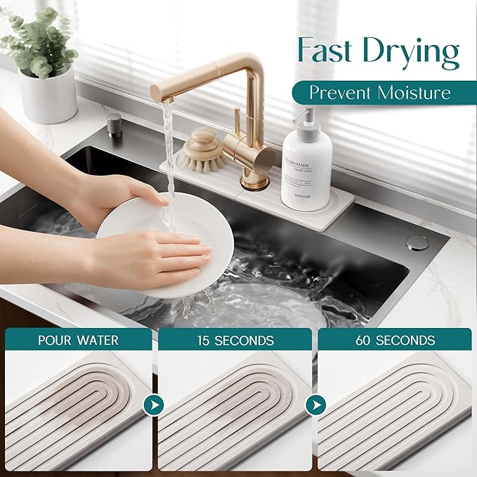 eormoe Faucet Mat for Kitchen Sink - Wider Diatomite Fast Drying Stone Sink Tray, Super Absorbent, Prevents Moisture Buildup - Faucet Splash Guard for Bathroom Counter (Light Grey, 15x5.3inch)