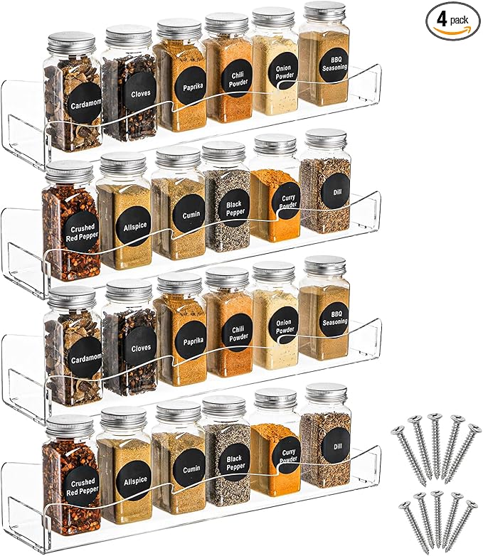 Peohud 4 Pack Acrylic Spice Rack Wall Mount, 15 Inch Clear Acrylic Floating Shelves, Hanging Perfume Organizer Display Rack for Nail Polish, Sunglasses, Figurine, Seasoning, Condiment, Kitchen, Pantry