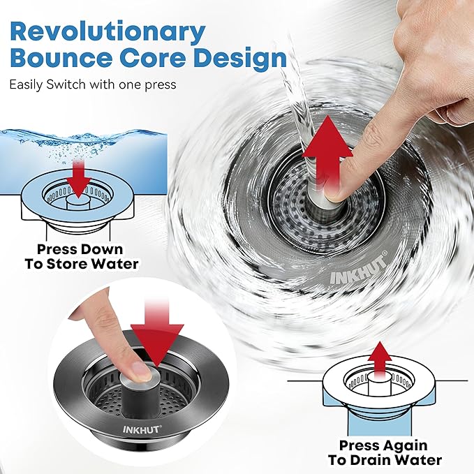 Upgraded 3 in 1 Kitchen Sink Drain Strainer - Stainless Steel Sink Stopper, Anti-Clogging Food Catcher Basket, Sink Bounce Core Drain Strainer Plug for US Standard 3 1/2 inch Drain (Dark Grey)