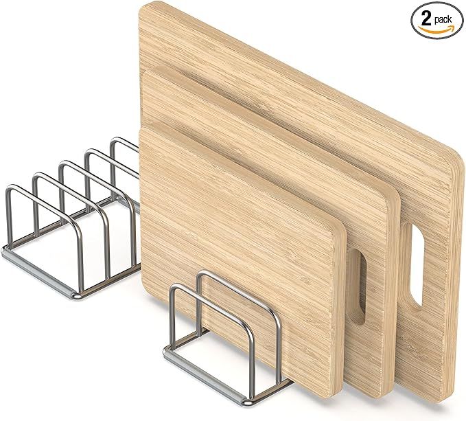 KORRTFID Cutting Board Holder, 2PSC Cutting Board Organizer Rack, 304 Stainless Steel Cookie Sheet Baking Pan and Tray Organizer for Kitchen Cabinet and Pantry Storage (1.0 Inch Width Slots)