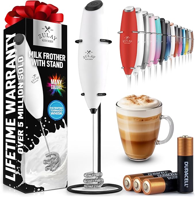 Zulay Kitchen Powerful Milk Frother Wand With Duracell Batteries - Ultra Fast Handheld Drink Mixer - Electric Whisk Foam Maker for Coffee, Lattes, Cappuccino & Matcha - Triple Whisk - White & Black