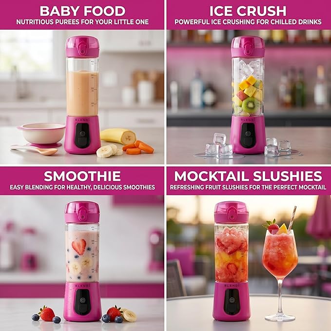 BLENDi Pro+ Portable Blender (New 2025 Model, 17.5oz, Hot Pink) – Upgraded Ice Crushing 120W Motor, USB-C Rechargeable, Cordless Personal Blender Smoothies & Shakes – BPA-Free, Travel-Friendly