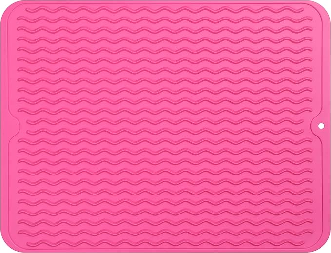 MicoYang Silicone Dish Drying Mat - Quick-Dry Raised Ridges, Dishwasher Safe, Heat Resistant 450°F, Roll-Up (Rose, 16x12 in)