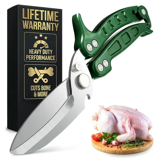 Heavy Duty Poultry Shears – Kitchen Shears Dishwasher Safe, Spring-Loaded, 3Cr14 Steel, Micro-Serrated, Separates for Easy Cleaning | Bone Scissors for Chicken, Turkey, Seafood & Fish Scale (Green)
